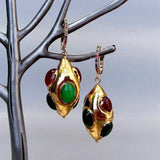 Y.YING Green Red Agate Yellow Plated Olivary Shape Dangle Earrings