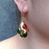 Y.YING Green Red Agate Yellow Plated Olivary Shape Dangle Earrings
