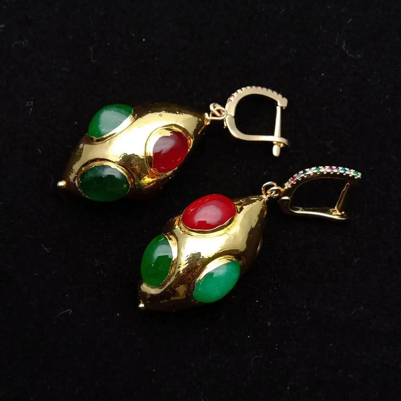 Y.YING Green Red Agate Yellow Plated Olivary Shape Dangle Earrings