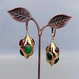 Y.YING Green Red Agate Yellow Plated Olivary Shape Dangle Earrings