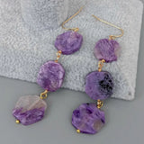 Hexangular Purple Charoite Dangle Hook Earrings