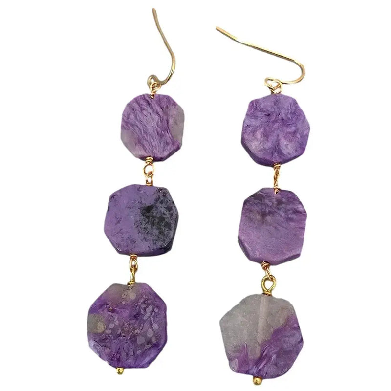 Hexangular Purple Charoite Dangle Hook Earrings