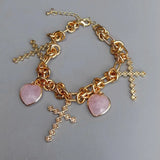 Y.YING Rose Quartz Cross Charm Bracelet CZ Pave Plated Chain