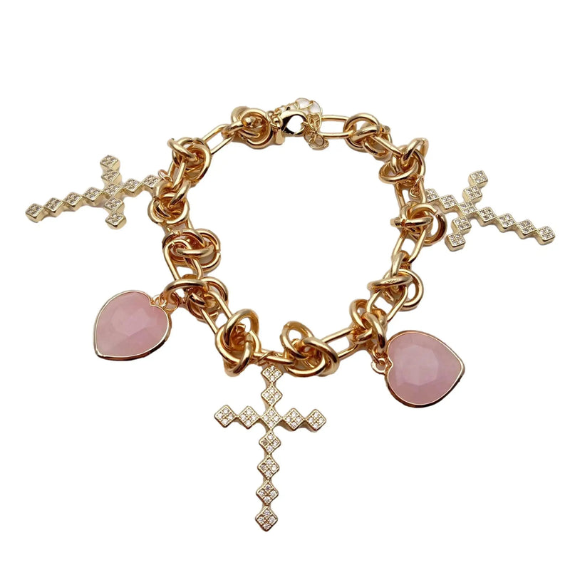 Y.YING Rose Quartz Cross Charm Bracelet CZ Pave Plated Chain