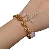 Y.YING Rose Quartz Cross Charm Bracelet CZ Pave Plated Chain