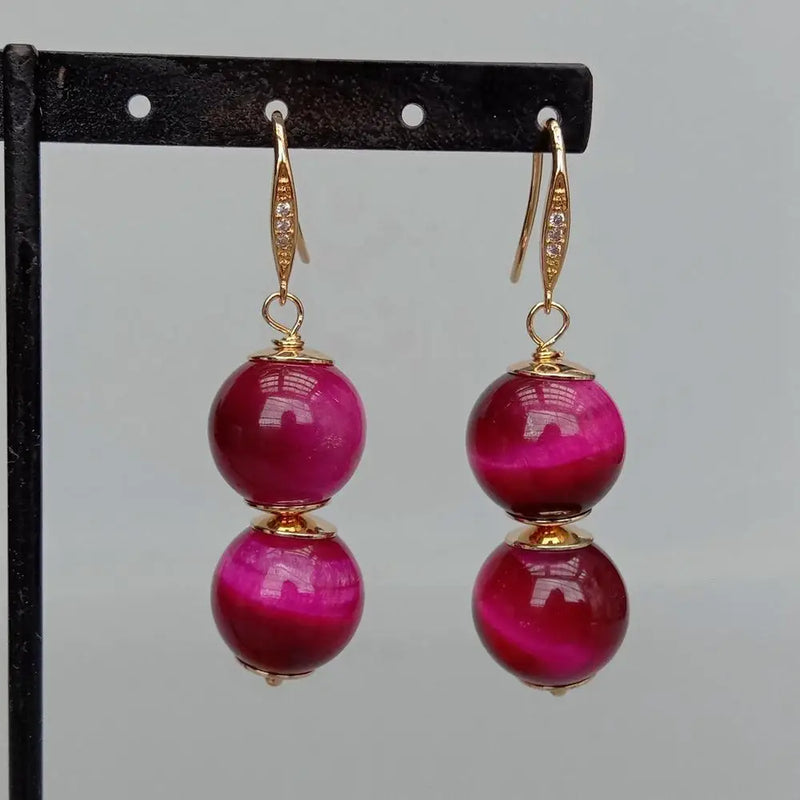 Natural Tiger Eye Drop Earrings Fuchsia Women Earring