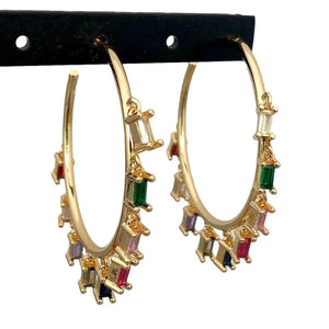 Rainbow Rectangle CZ Charm Earrings Circle Hoop Earrings