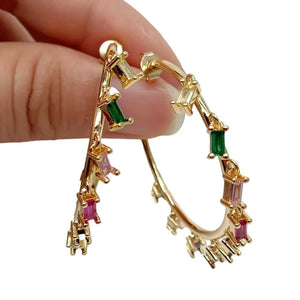 Rainbow Rectangle CZ Charm Earrings Circle Hoop Earrings