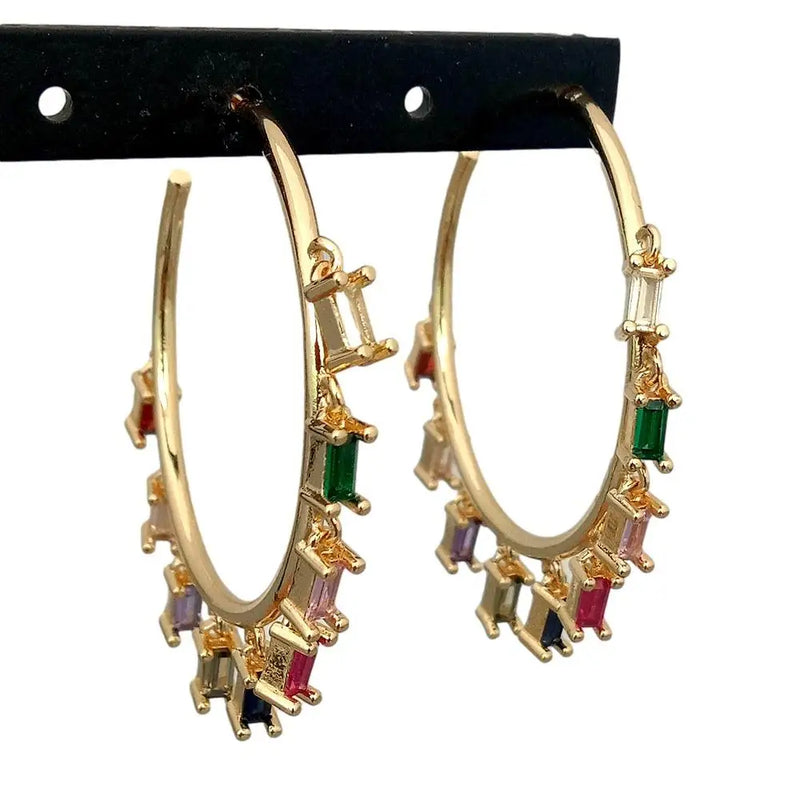 Rainbow Rectangle CZ Charm Earrings Circle Hoop Earrings