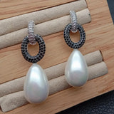 Teardrop Sea Shell Pearl Cz pave Stud Earrings