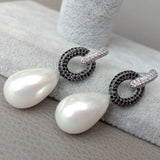 Teardrop Sea Shell Pearl Cz pave Stud Earrings