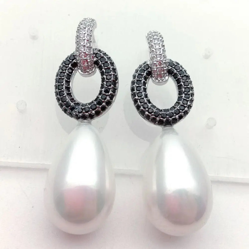 Teardrop Sea Shell Pearl Cz pave Stud Earrings