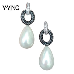 Teardrop Sea Shell Pearl Cz pave Stud Earrings