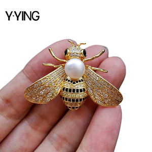 Freshwater Pearl CZ Bee Brooch for Women