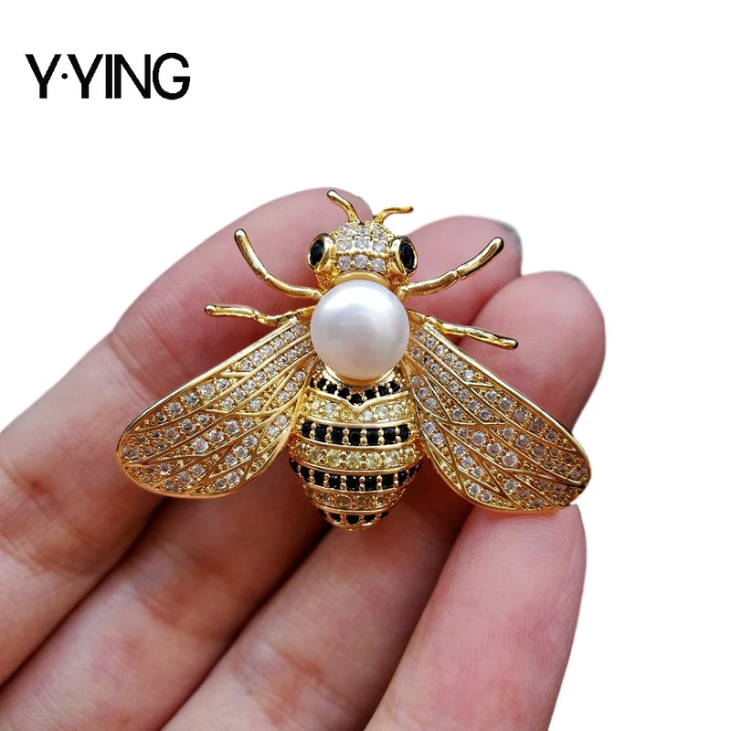 Freshwater Pearl CZ Bee Brooch for Women