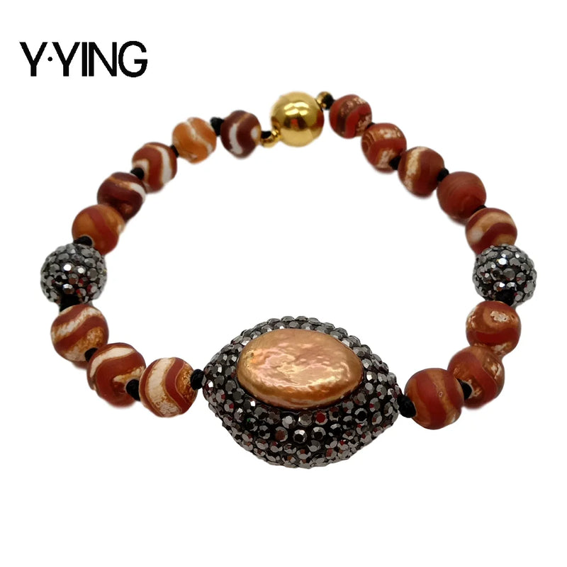 8'' Natural Brown Keshi Pearl & 8mm Round Brown Agate Bracelet