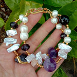 Y&YING Cultured Biwa Pearl Amethyst Bracelet 8.5"