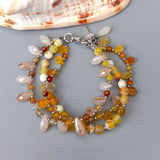 Y&YING 3 Rows Yellow Agate Crystal Beaded Cz Pave Key Charm Bracelet 8"