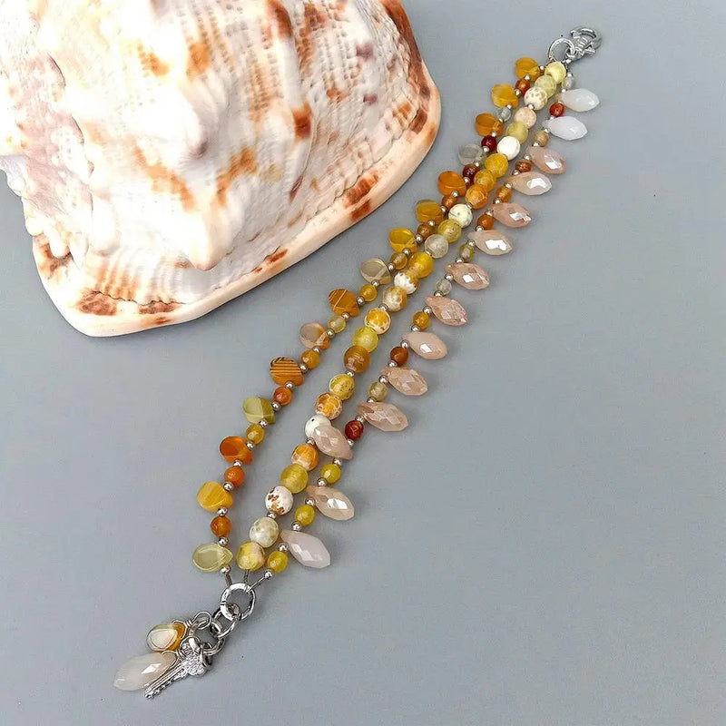 Y&YING 3 Rows Yellow Agate Crystal Beaded Cz Pave Key Charm Bracelet 8"