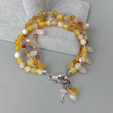 Y&YING 3 Rows Yellow Agate Crystal Beaded Cz Pave Key Charm Bracelet 8"