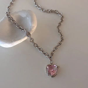 Y2K Peach Heart Water Drop Pendant Necklace Pink Crystal Sweet Clavicle Ch