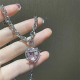 Y2K Peach Heart Water Drop Pendant Necklace Pink Crystal Sweet Clavicle Ch