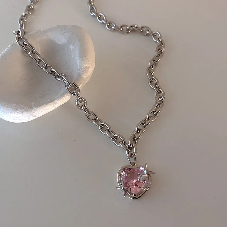 Y2K Peach Heart Water Drop Pendant Necklace Pink Crystal Sweet Clavicle Ch