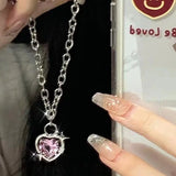 Y2K Peach Heart Water Drop Pendant Necklace Pink Crystal Sweet Clavicle Ch