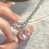 Y2K Peach Heart Water Drop Pendant Necklace Pink Crystal Sweet Clavicle Ch
