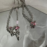 Y2K Peach Heart Water Drop Pendant Necklace Pink Crystal Sweet Clavicle Ch