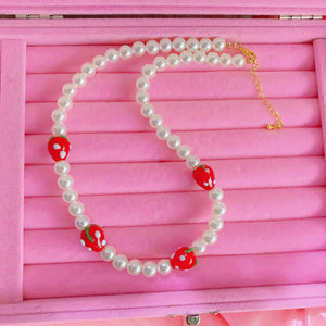 Y2K Accessories Pearl Ceramic Strawberry Choker Necklace for Women
