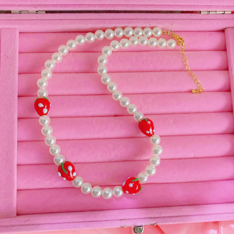 Y2K Accessories Pearl Ceramic Strawberry Choker Necklace for Women