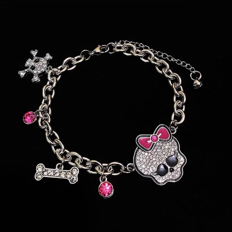 Pink Bowknot Rhinestone Skull Bracelet for Women