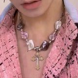 Irregular Pearl Cross Necklace Letter Pendant Egirl Jewelry
