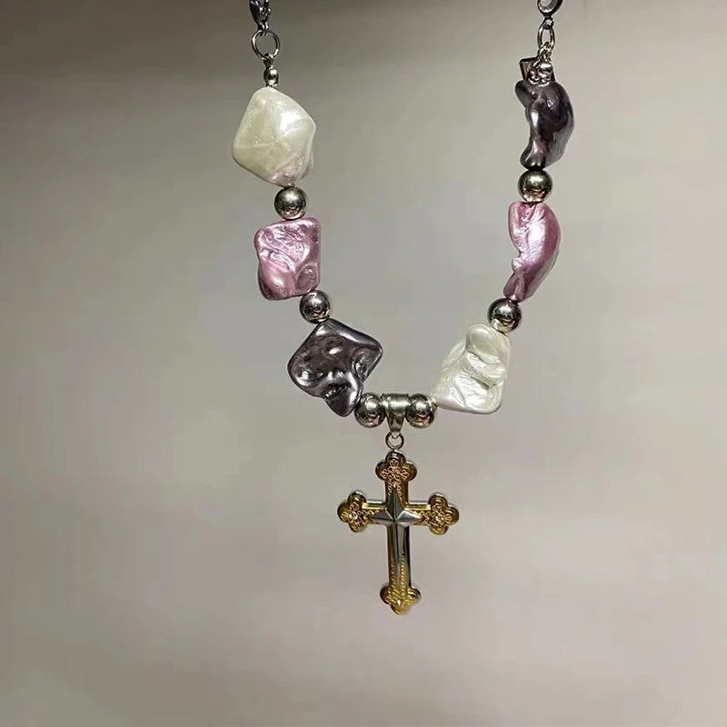 Irregular Pearl Cross Necklace Letter Pendant Egirl Jewelry