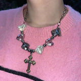 Irregular Pearl Cross Necklace Letter Pendant Egirl Jewelry