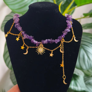 Y2K Amethyst Crescent Moon Tassels Choker Necklace