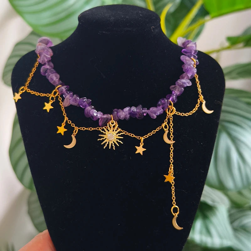 Y2K Amethyst Crescent Moon Tassels Choker Necklace