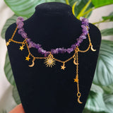 Y2K Amethyst Crescent Moon Tassels Choker Necklace