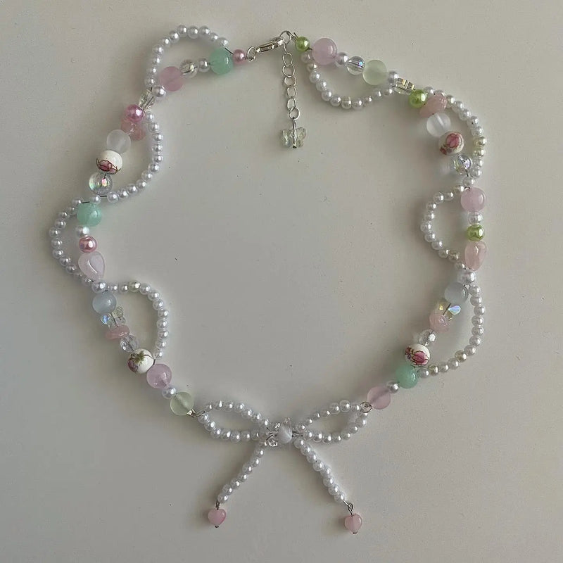 Y2K Bow Pearls Beaded Necklace Choker Glass Beaded Necklace