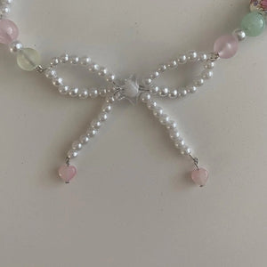 Y2K Bow Pearls Beaded Necklace Choker Glass Beaded Necklace