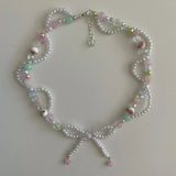 Y2K Bow Pearls Beaded Necklace Choker Glass Beaded Necklace