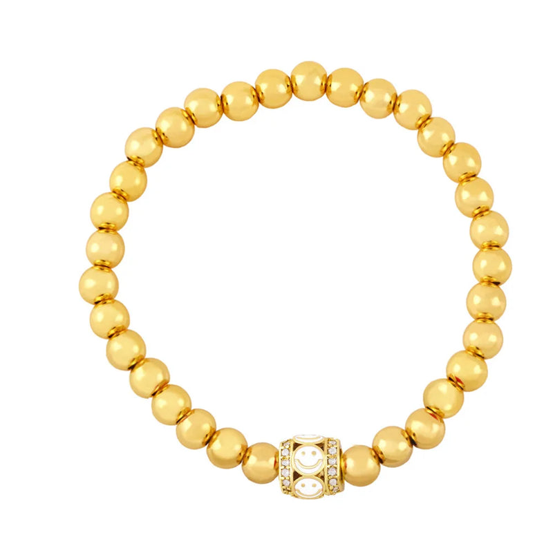 Y2K Enamel Smile Face Bracelet Zircon Stone Copper Bead Charm Bangle