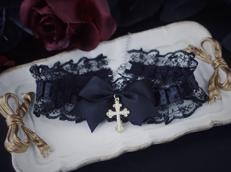 Y2K Gothic Lolita Women Cross Lace Choker Necklace