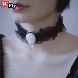 Y2K Gothic Mask Cross Choker Necklace Halloween Lolita Cosplay Lace Chain