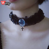 Y2K Gothic Mask Cross Choker Necklace Halloween Lolita Cosplay Lace Chain