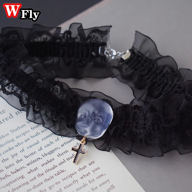 Y2K Gothic Mask Cross Choker Necklace Halloween Lolita Cosplay Lace Chain
