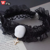 Y2K Gothic Mask Cross Choker Necklace Halloween Lolita Cosplay Lace Chain