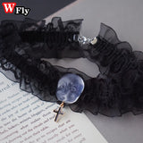 Y2K Gothic Mask Cross Choker Necklace Halloween Lolita Cosplay Lace Chain