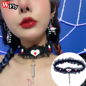Harajuku Women Girls Cross Syringe Choker Necklace Gothic Lolita